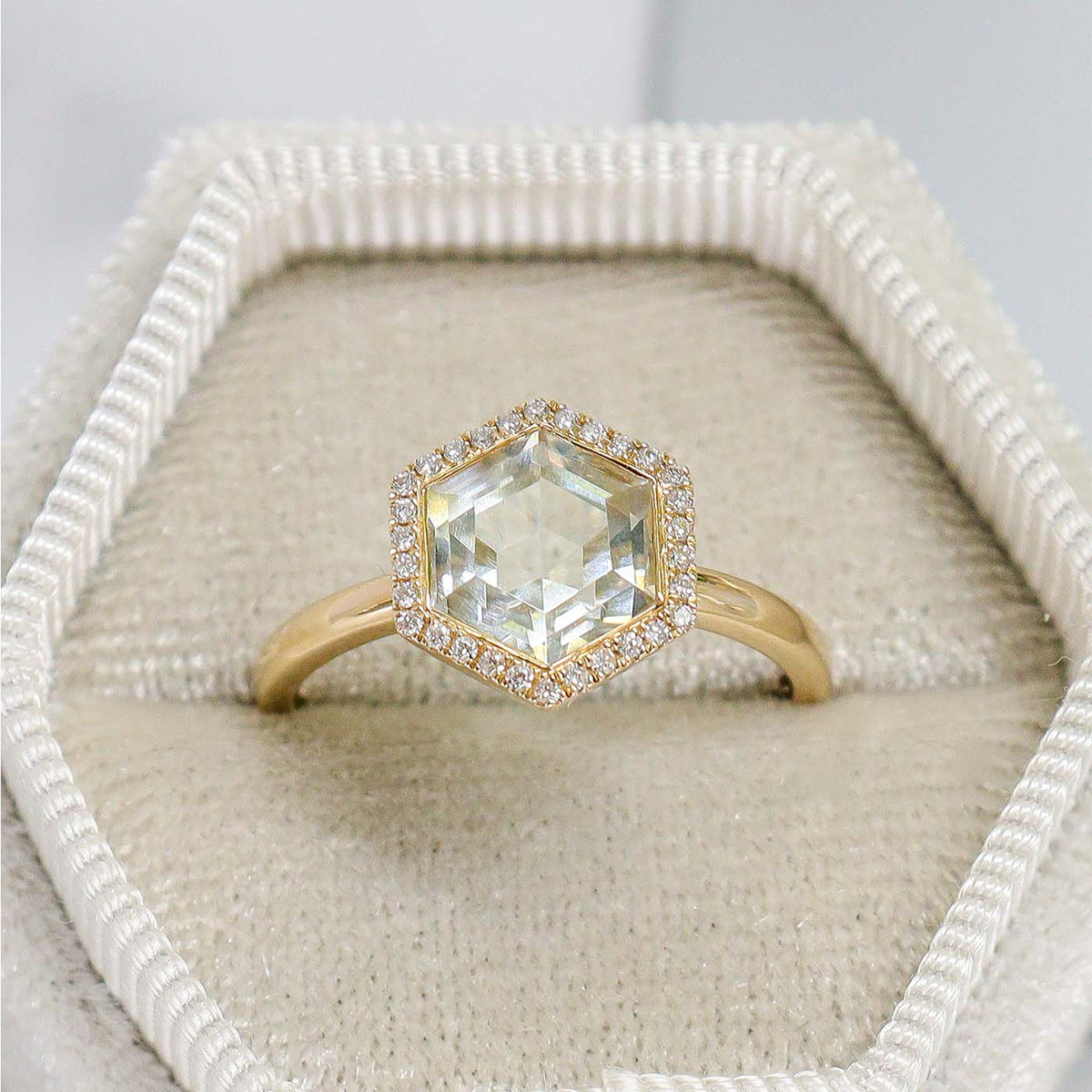 9ct Yellow Gold Green Amethyst & 0.09ct Diamond Hexagonal Ring