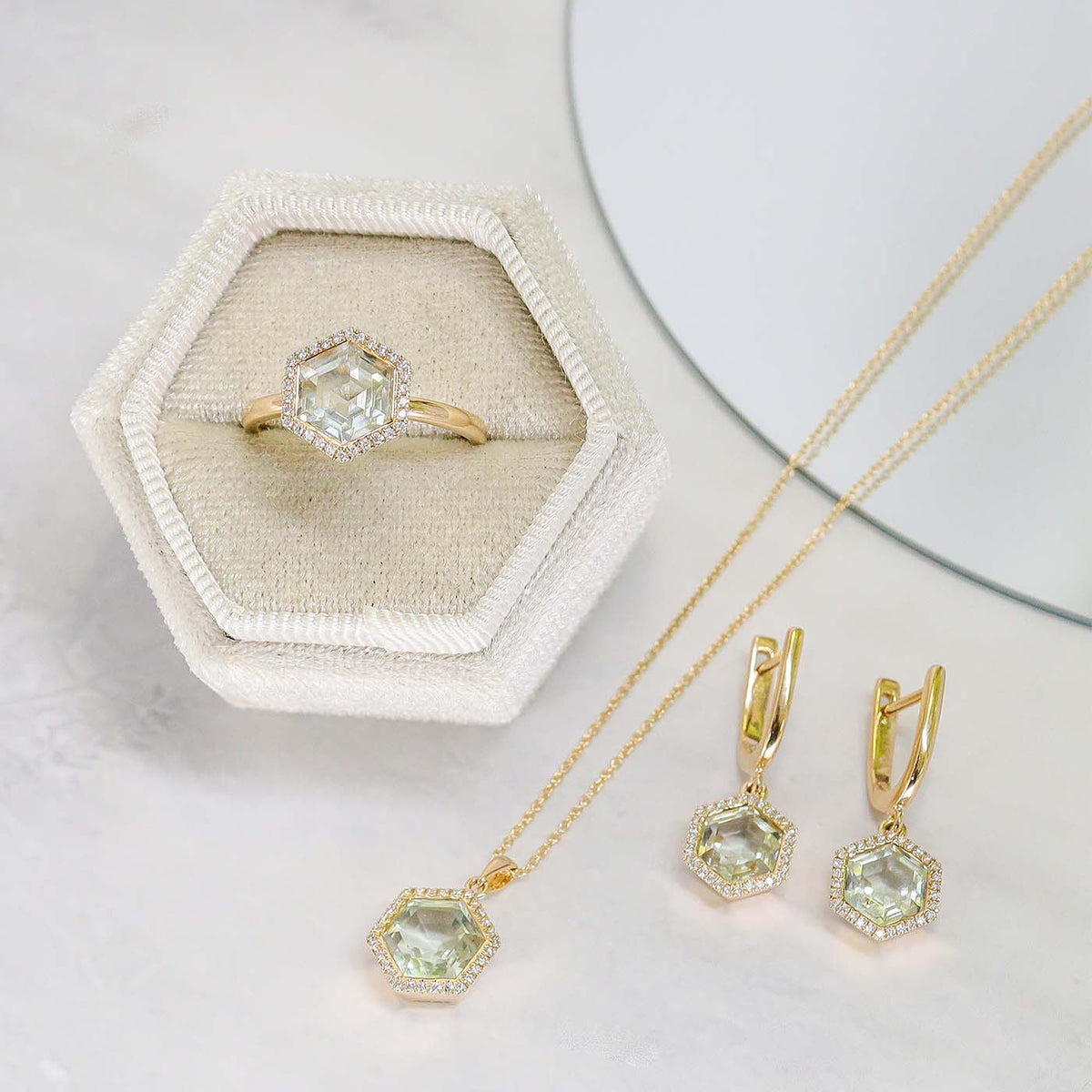 9ct Yellow Gold Green Amethyst and 0.09ct Diamond Hexagonal Necklace