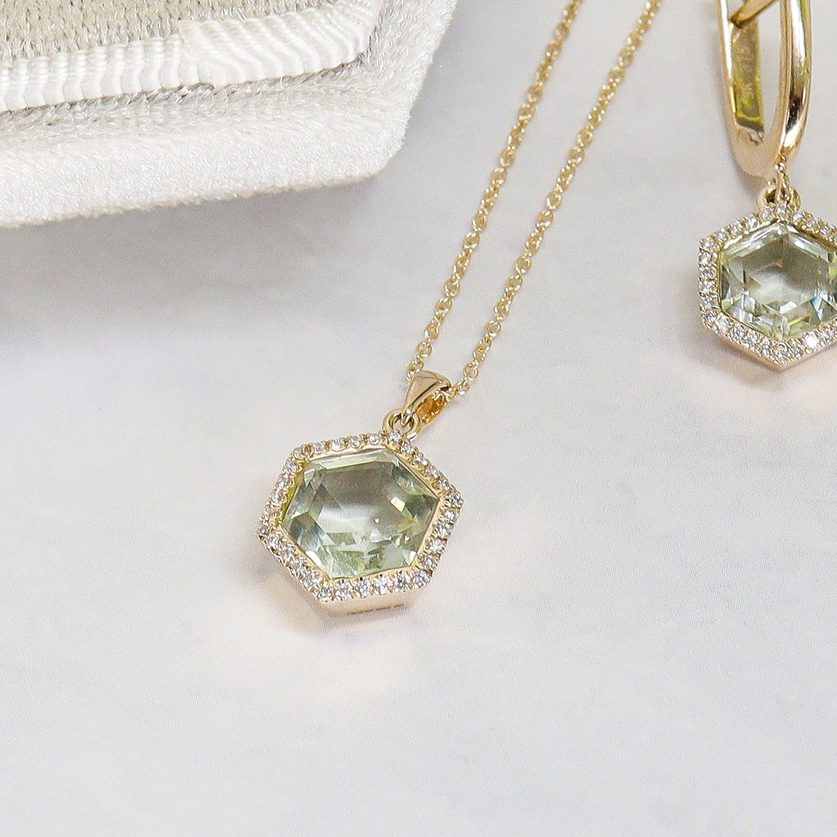 9ct Yellow Gold Green Amethyst and 0.09ct Diamond Hexagonal Necklace