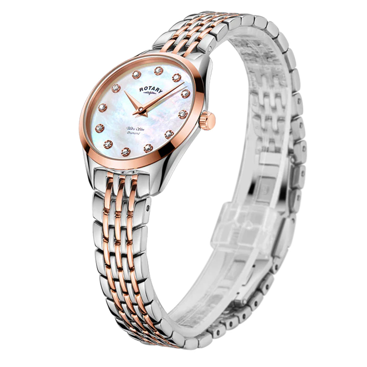 Rotary Ultra Slim Ladies Stainless Steel Two Colour Rose Gold Bracelet Watch