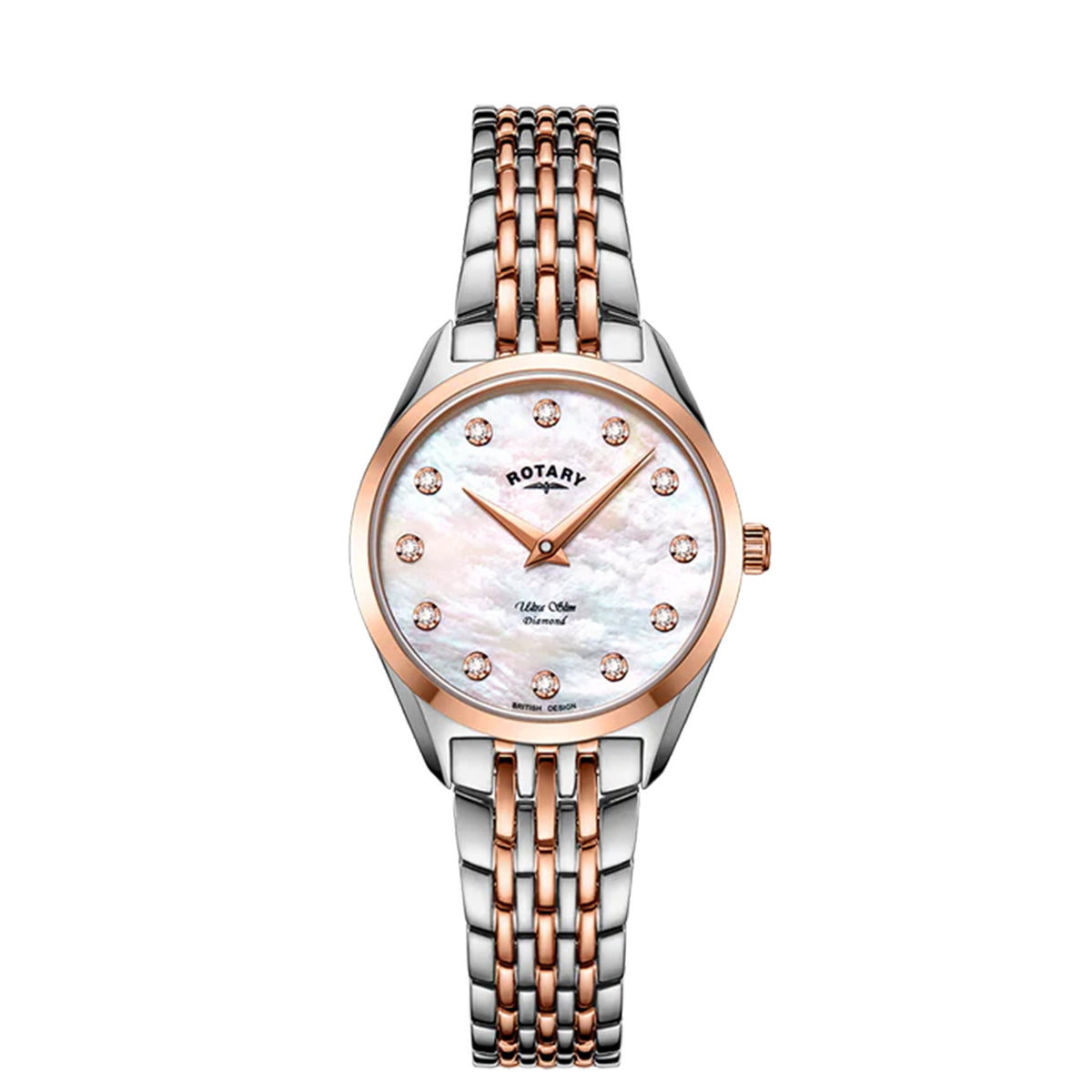 Rotary Ultra Slim Ladies Stainless Steel Two Colour Rose Gold Bracelet Watch