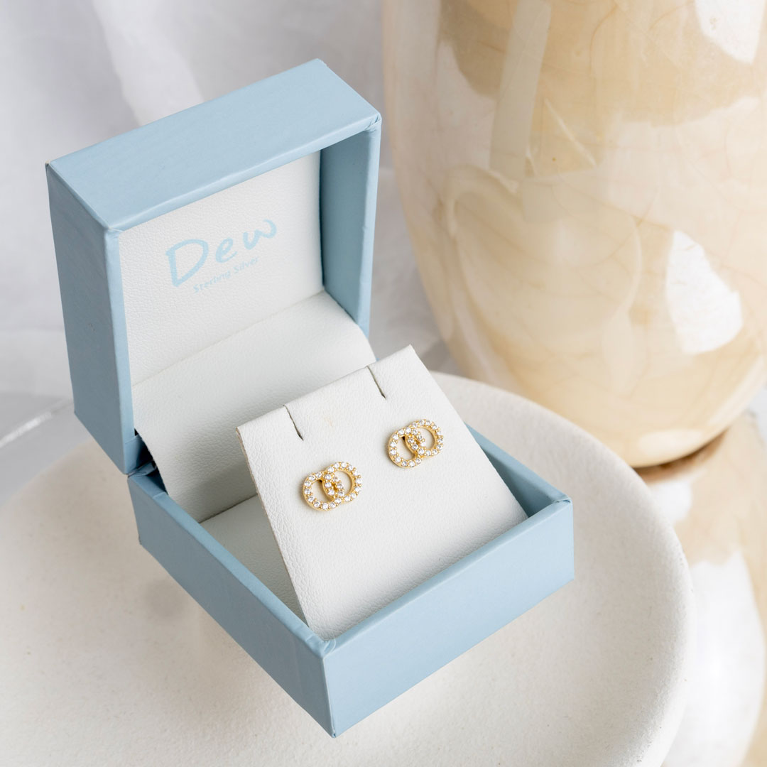 Dew Golden CZ Double Circle Link Stud Earrings