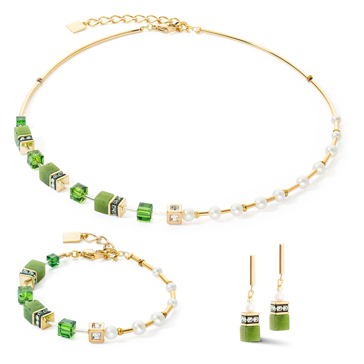 Coeur de Lion GeoCUBE® Fusion Precious Pearl Mix Gold-Green Necklace