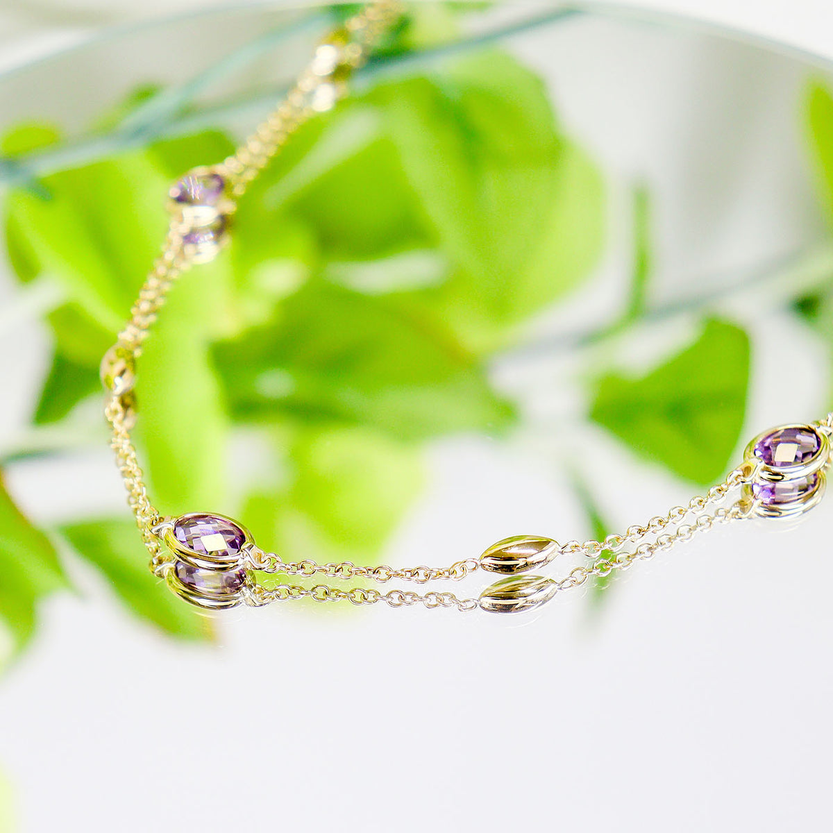 9ct Yellow Gold Amethyst Station Necklace