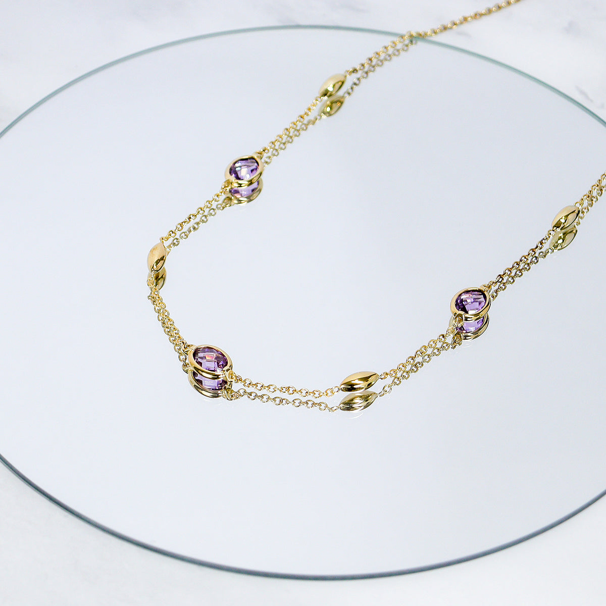 9ct Yellow Gold Amethyst Station Necklace