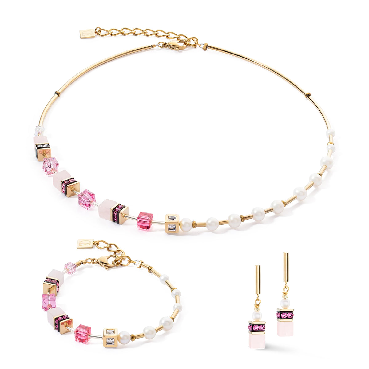 Coeur de Lion Mini Cubes & Chain Gold-Pink Necklace