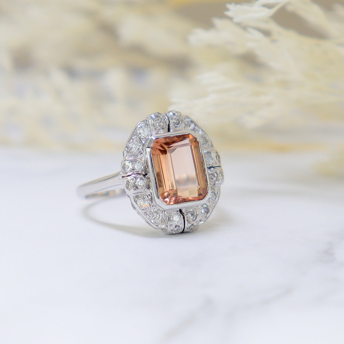 Pre-Owned 18ct White Gold Peach Tourmaline & Diamond Ring