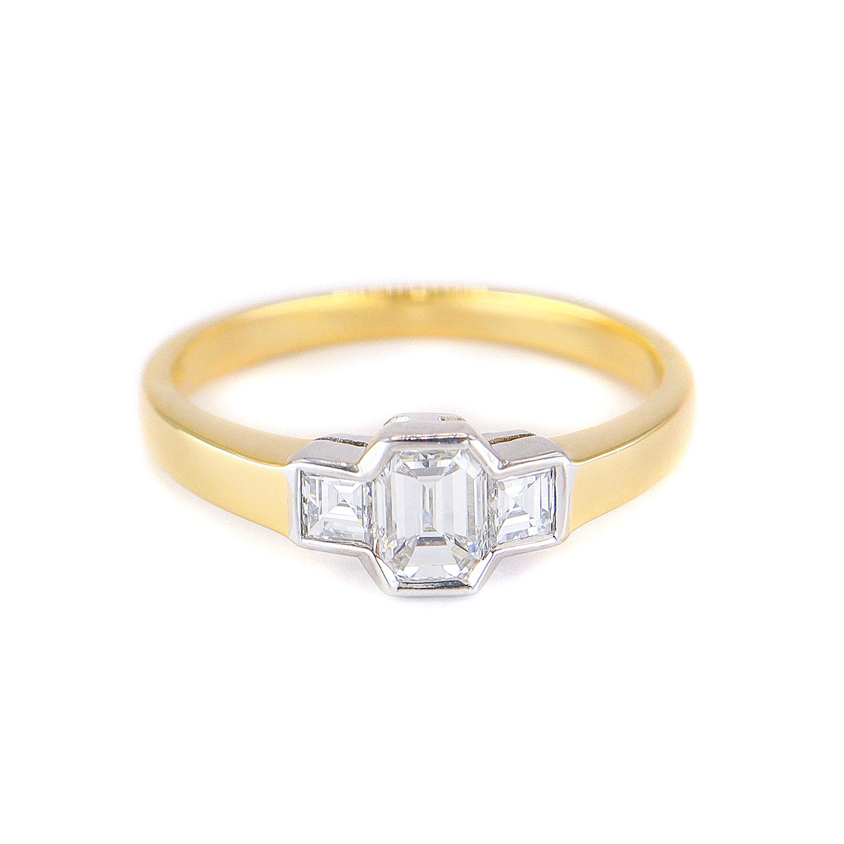 18ct Gold Emerald Cut & Princess Cut Diamond Trilogy Ring