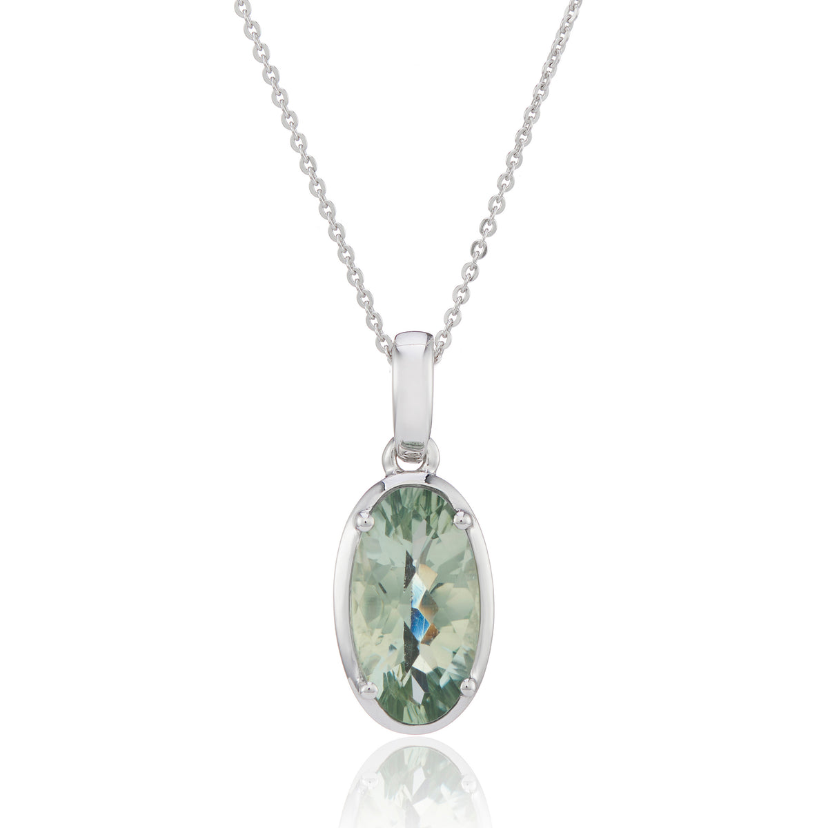 9ct White Gold Oval Cut Green Amethyst Pendant Necklace