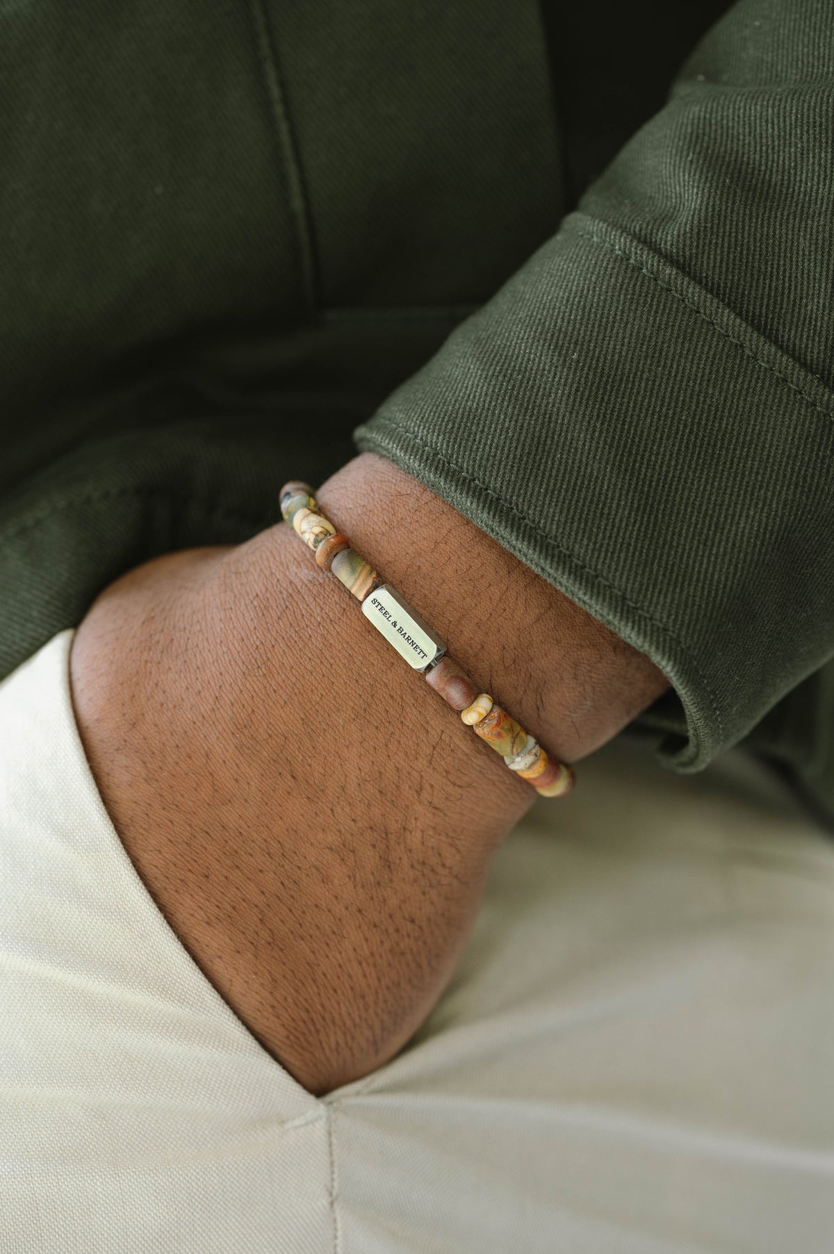 Steel & Barnett  Matt Pine Barrel Bead Bracelet