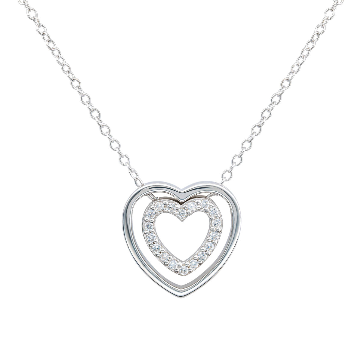 Dew Silver CZ Double Open Heart Necklace