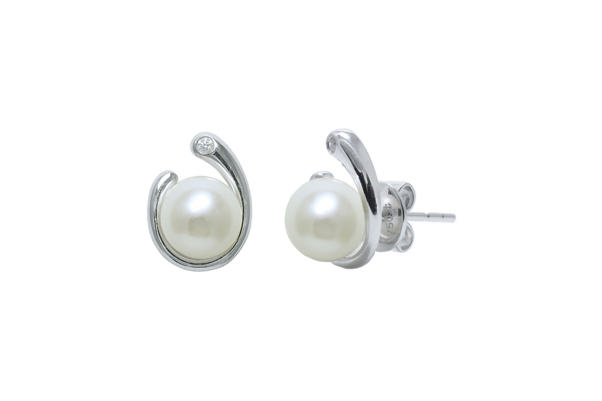 18ct White Gold Freshwater Pearl & Diamond Stud Earring