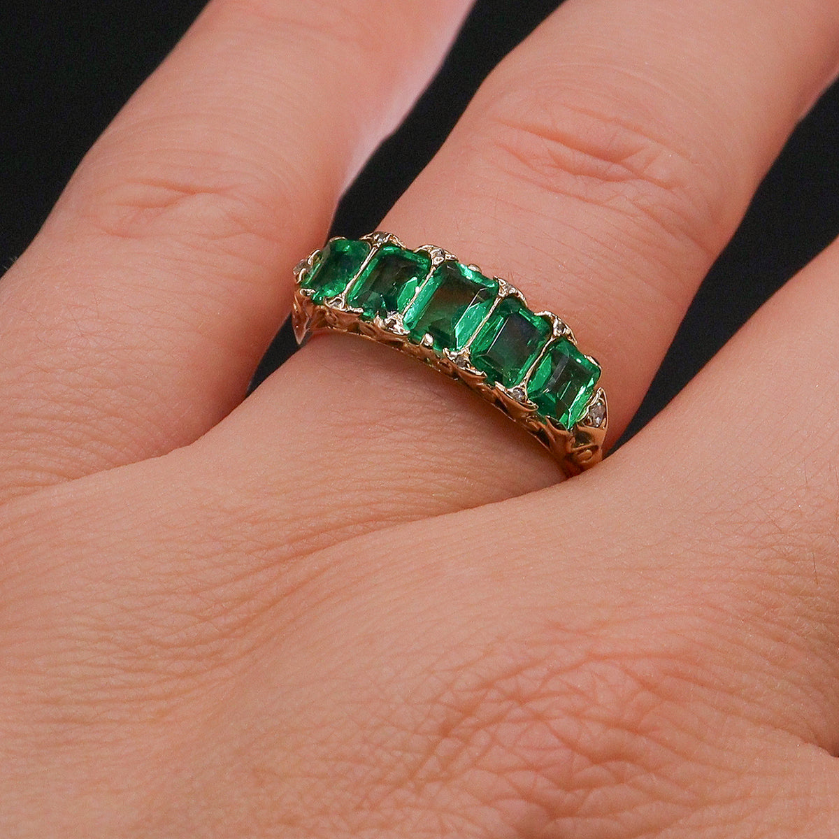 Pre-Owned 14ct Gold Emerald Five Stone Ring with Diamond Accents