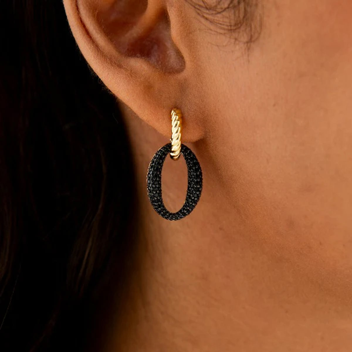 Gisser Gold Plated Sparkling Black Oval Hoop Drops