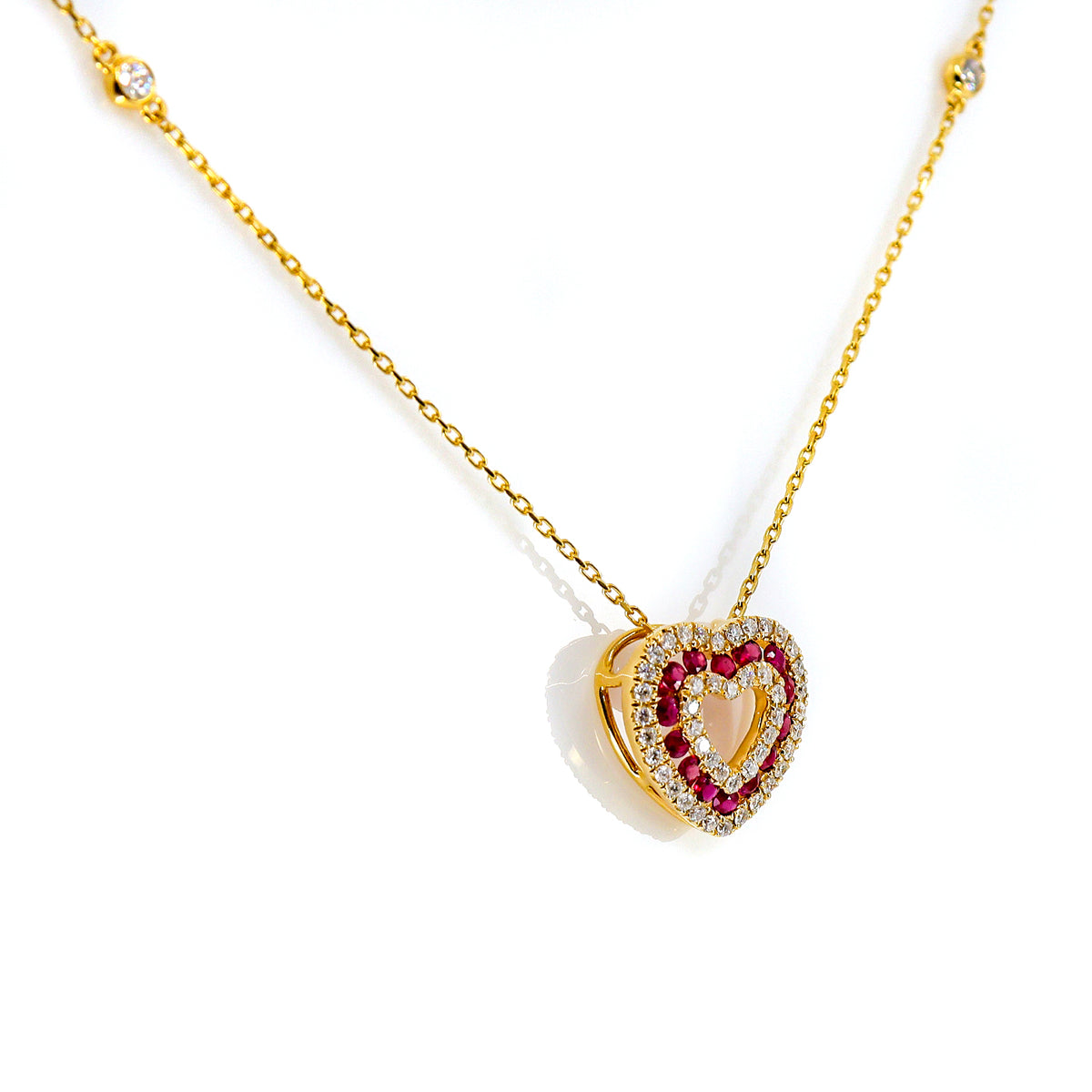 18ct Yellow Gold 0.38ct Ruby & 0.36ct Diamond Heart Pendant & Chain