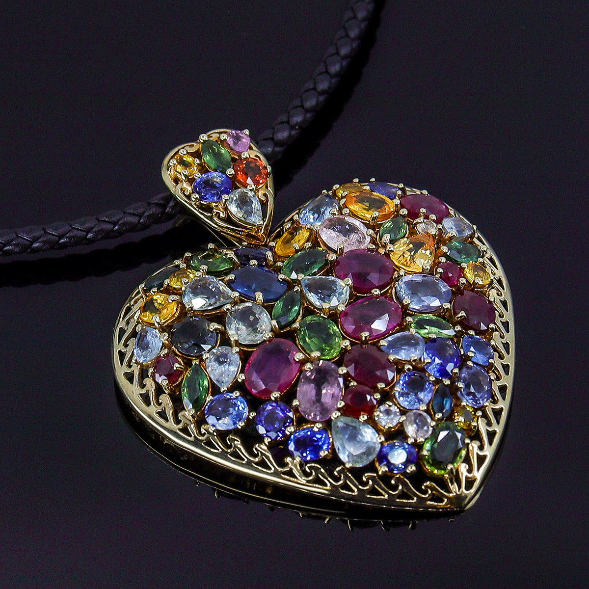 Pre-Owned 9ct Gold Multi Sapphire Heart Pendant on a Leather Cord