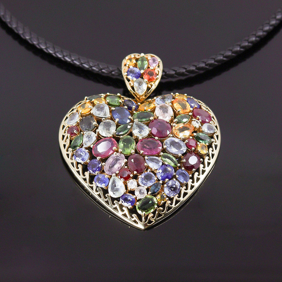 Pre-Owned 9ct Gold Multi Sapphire Heart Pendant on a Leather Cord