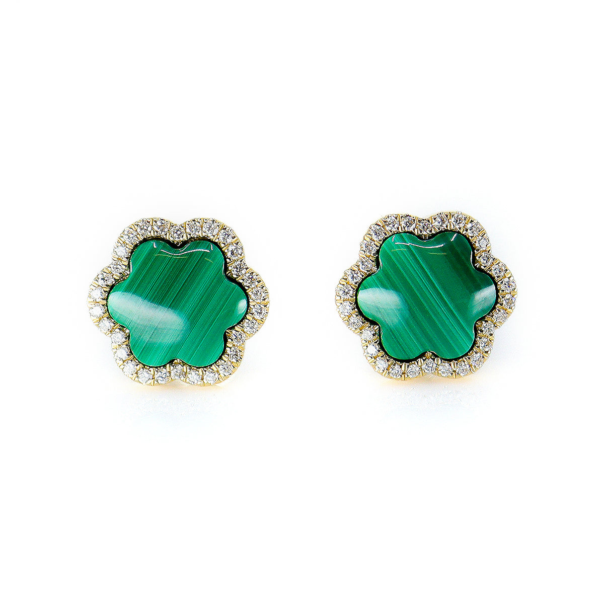 9ct Gold Malachite & Diamond Flower Stud Earrings