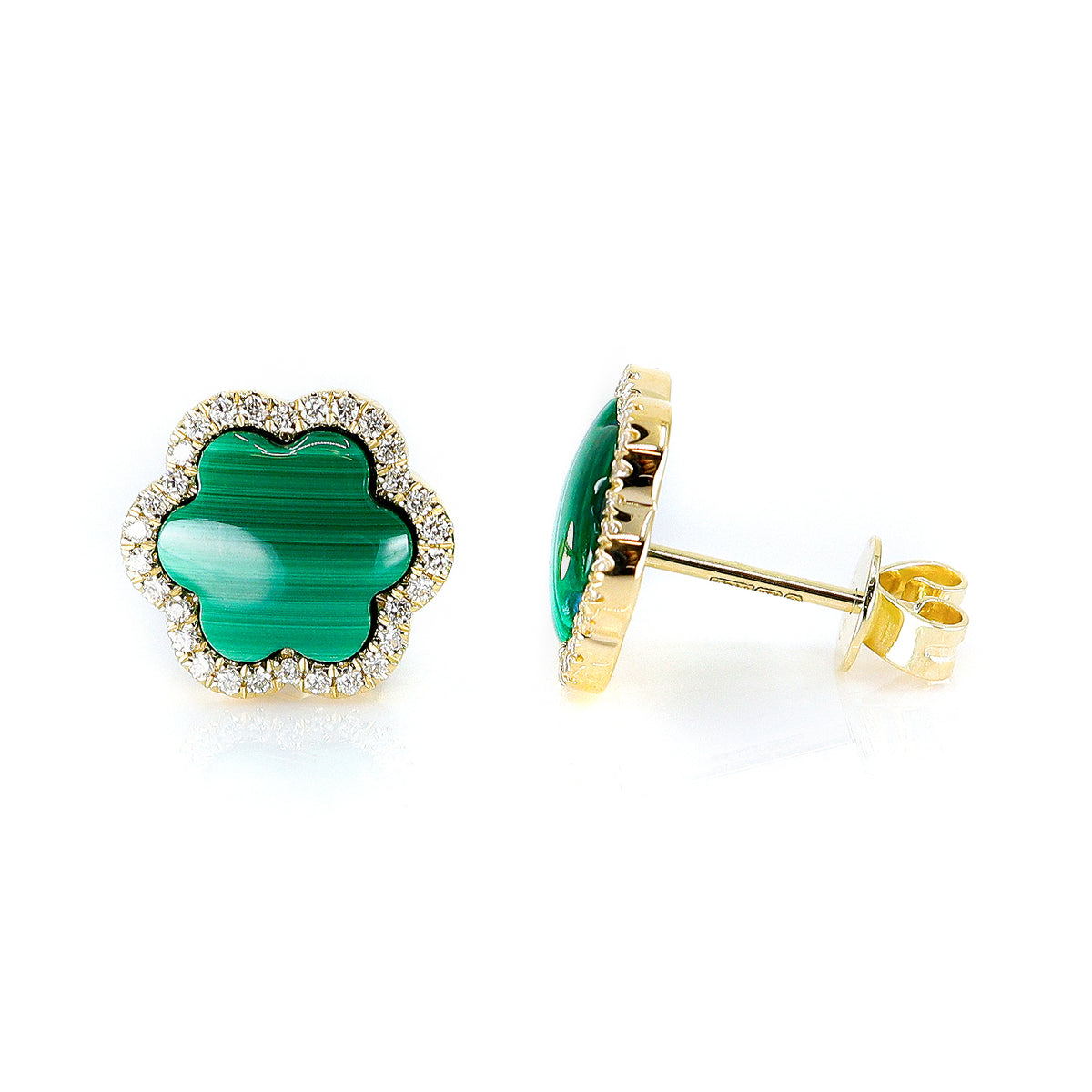 9ct Yellow Gold Malachite & 0.16ct Diamond Flower Stud Earrings