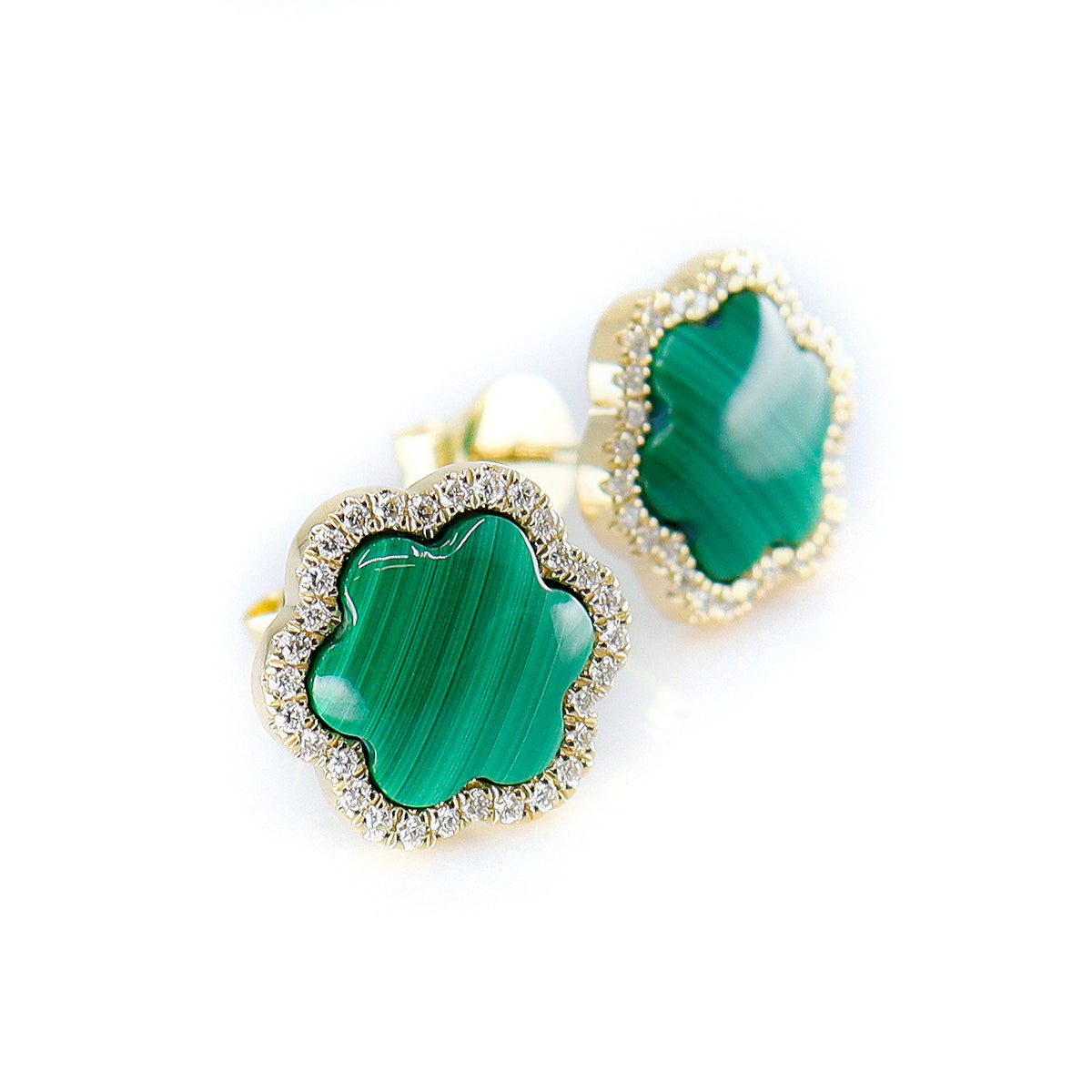 9ct Yellow Gold Malachite & 0.16ct Diamond Flower Stud Earrings