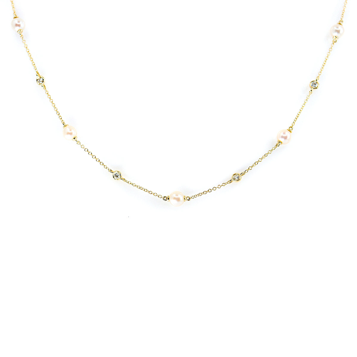 9ct Yellow Gold Freshwater Pearl & 0.12ct Rubset Diamond Station Necklace