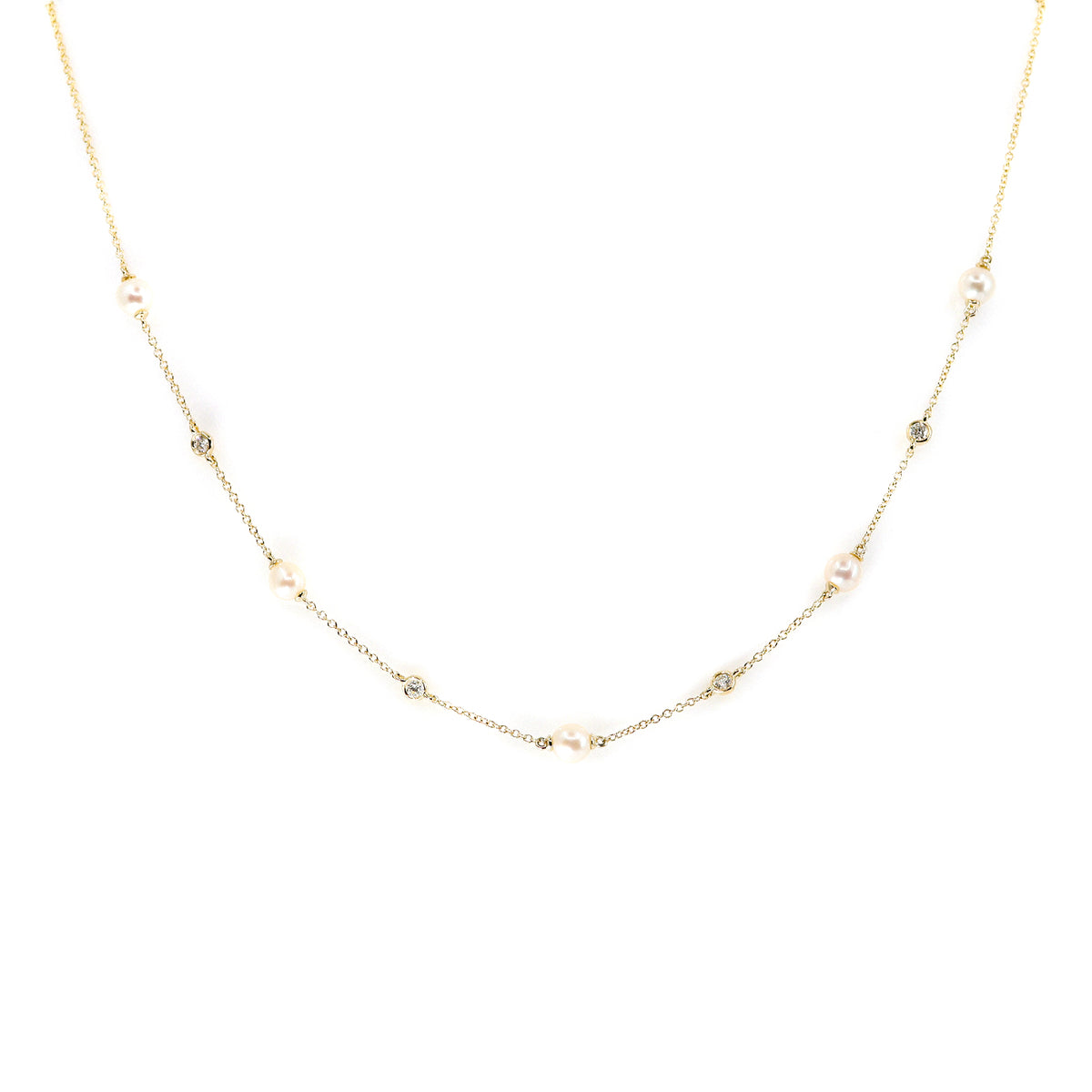 9ct Yellow Gold Freshwater Pearl & 0.12ct Rubset Diamond Station Necklace