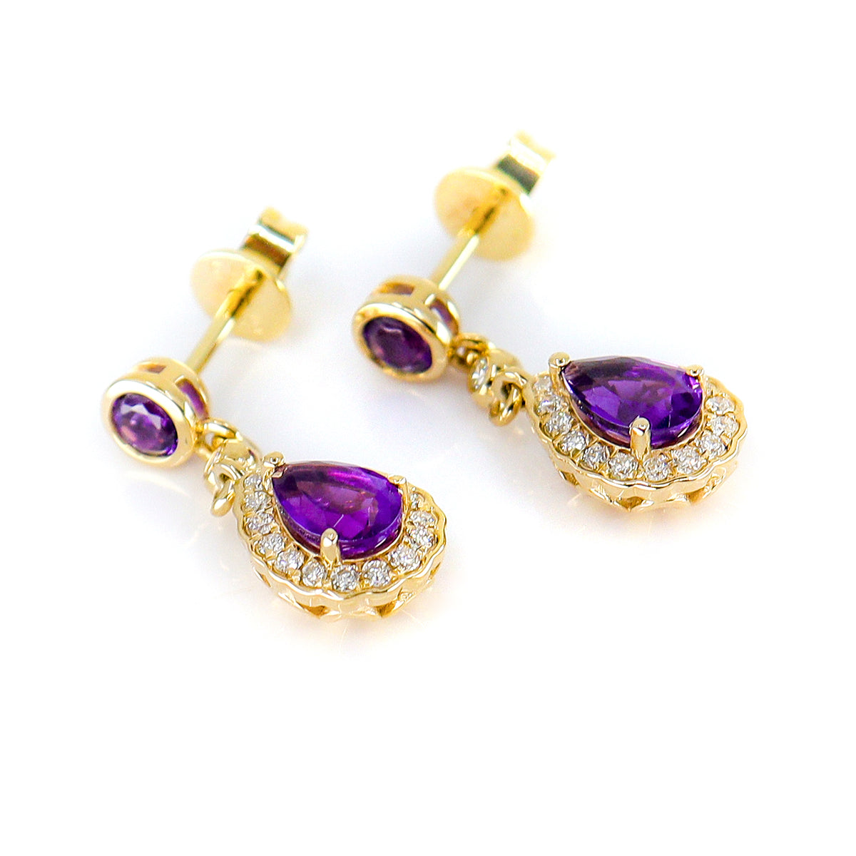 9ct Gold Amethyst & Diamond Drop Earrings