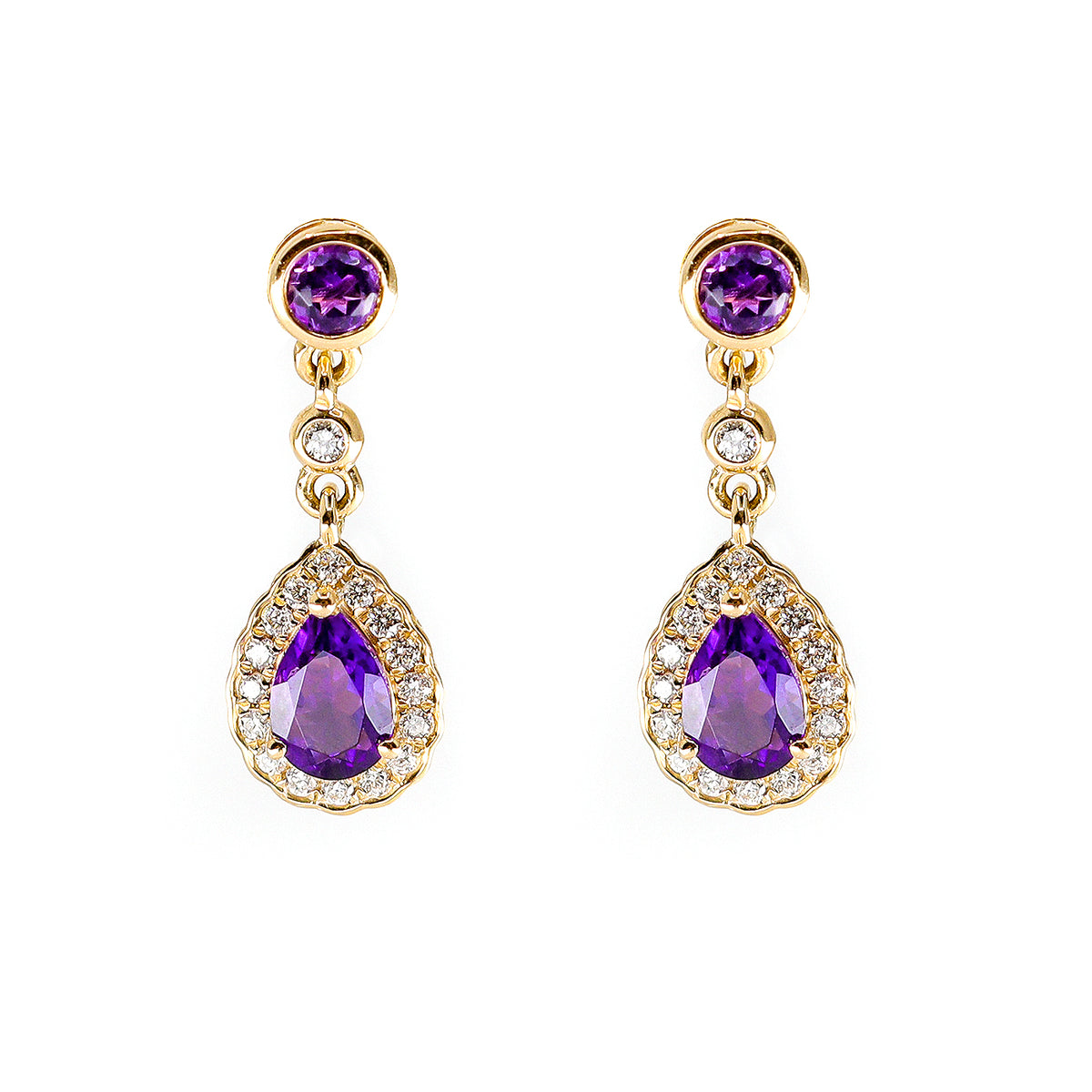 9ct Gold Amethyst & Diamond Drop Earrings