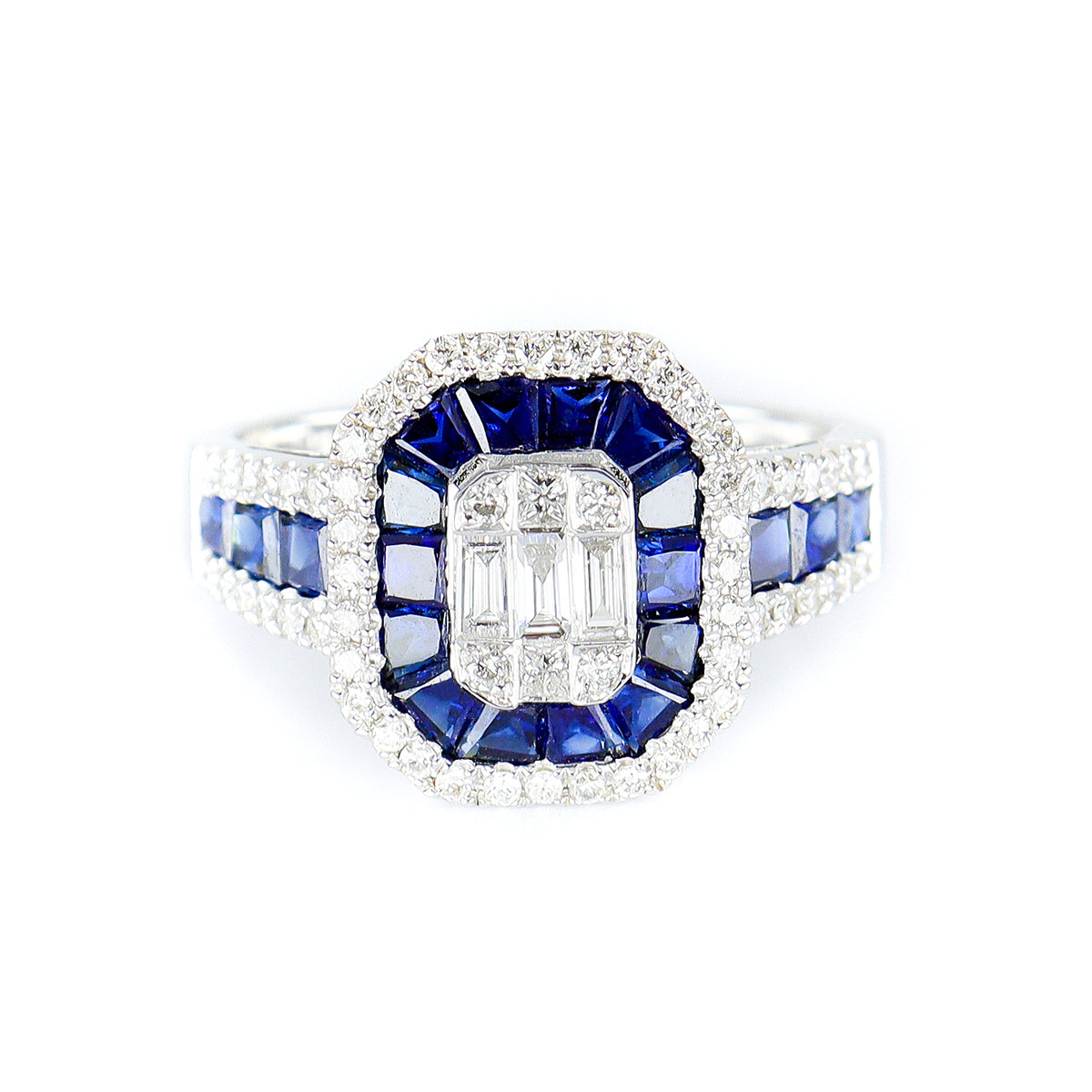 18ct White Gold Sapphire & Diamond Art Deco Inspired Cluster Ring