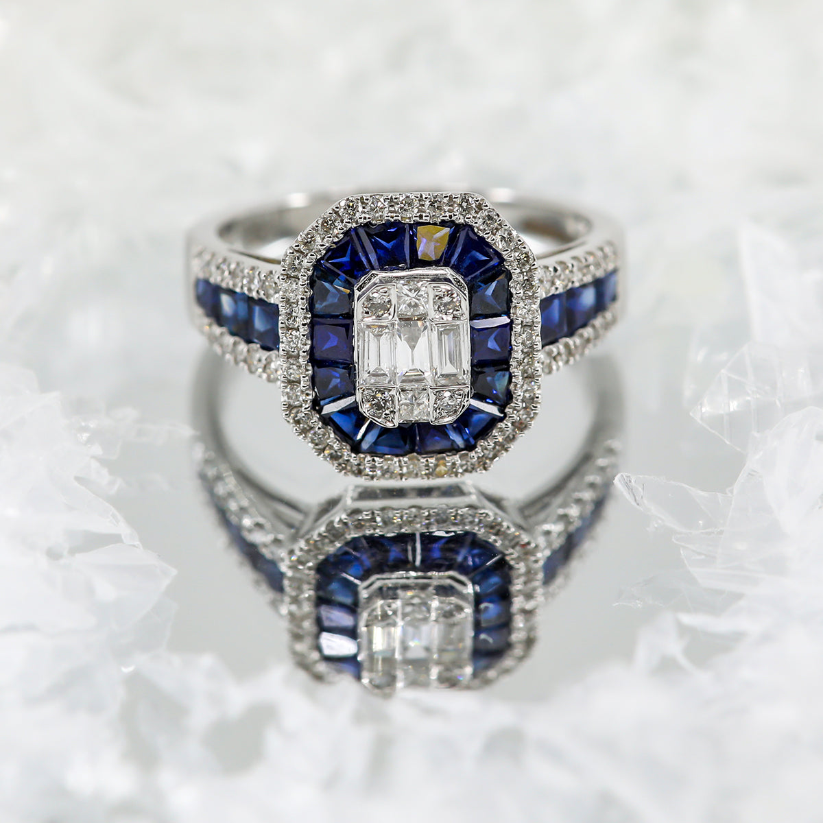 18ct White Gold Sapphire & Diamond Art Deco Inspired Cluster Ring