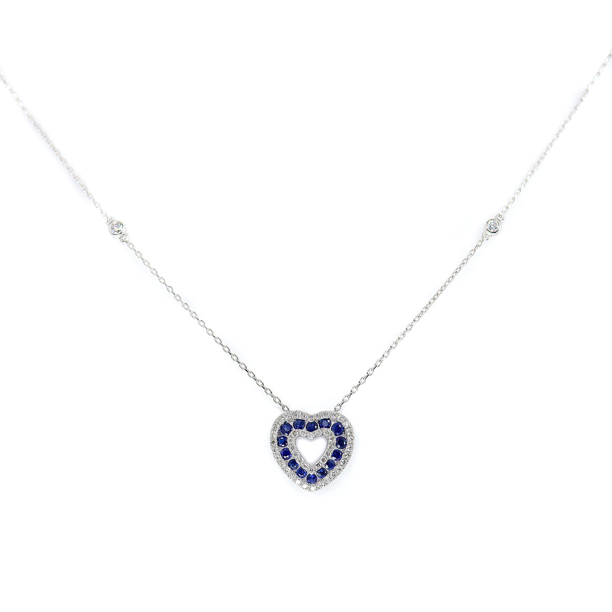 18ct White Gold Sapphire & Diamond Heart Pendant & Chain