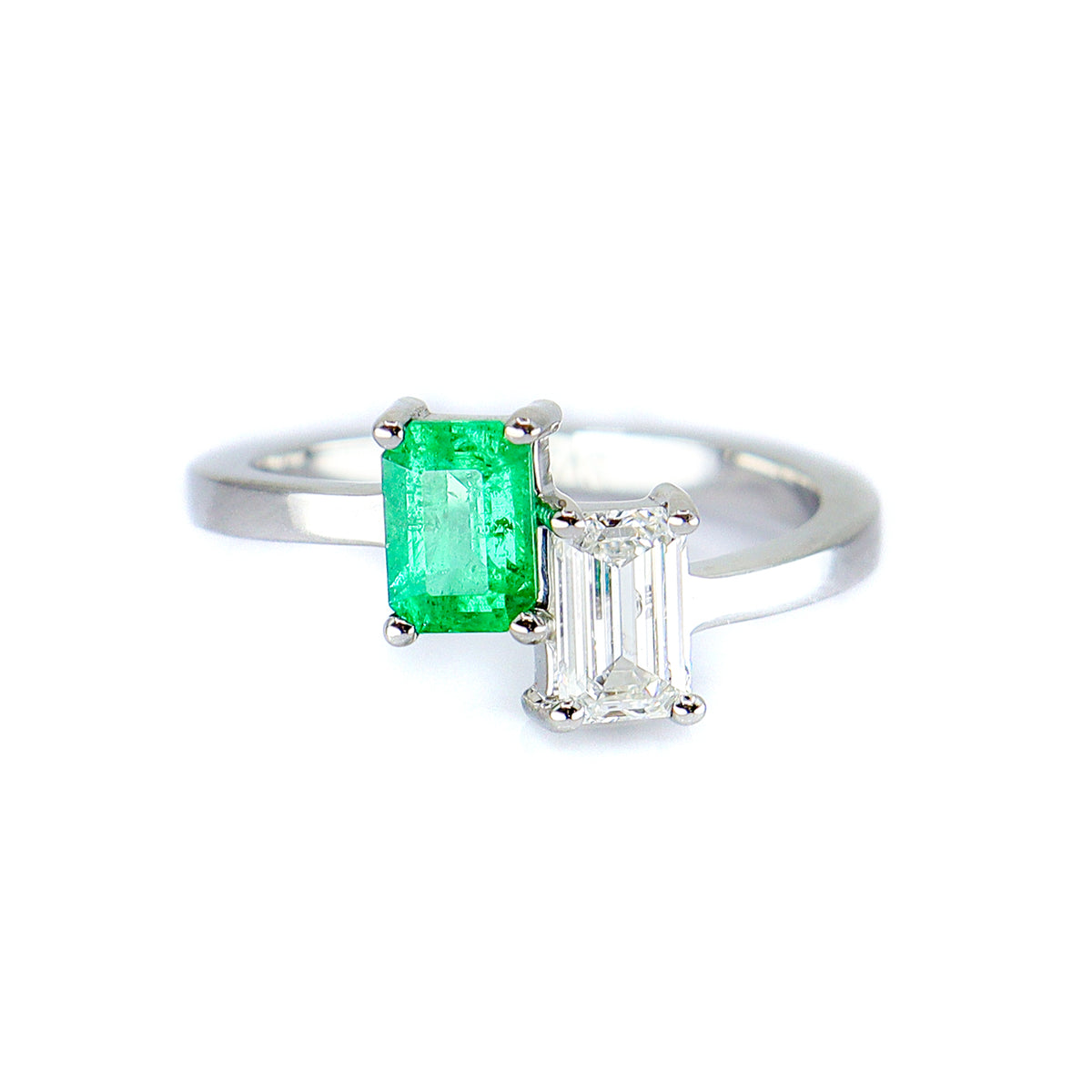 Platinum Emerald & Diamond Emerald Cut Two Stone Ring