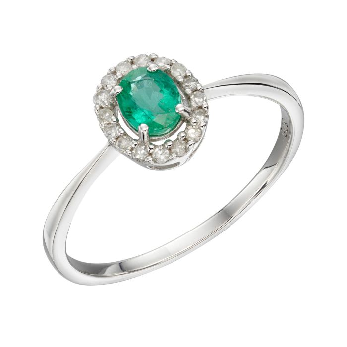 9ct White Gold Emerald & Cluster Diamond Ring