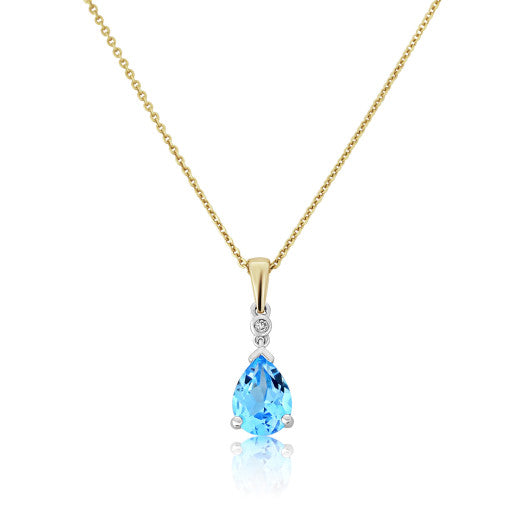 9ct Gold Diamond Blue Topaz Pendant & Chain