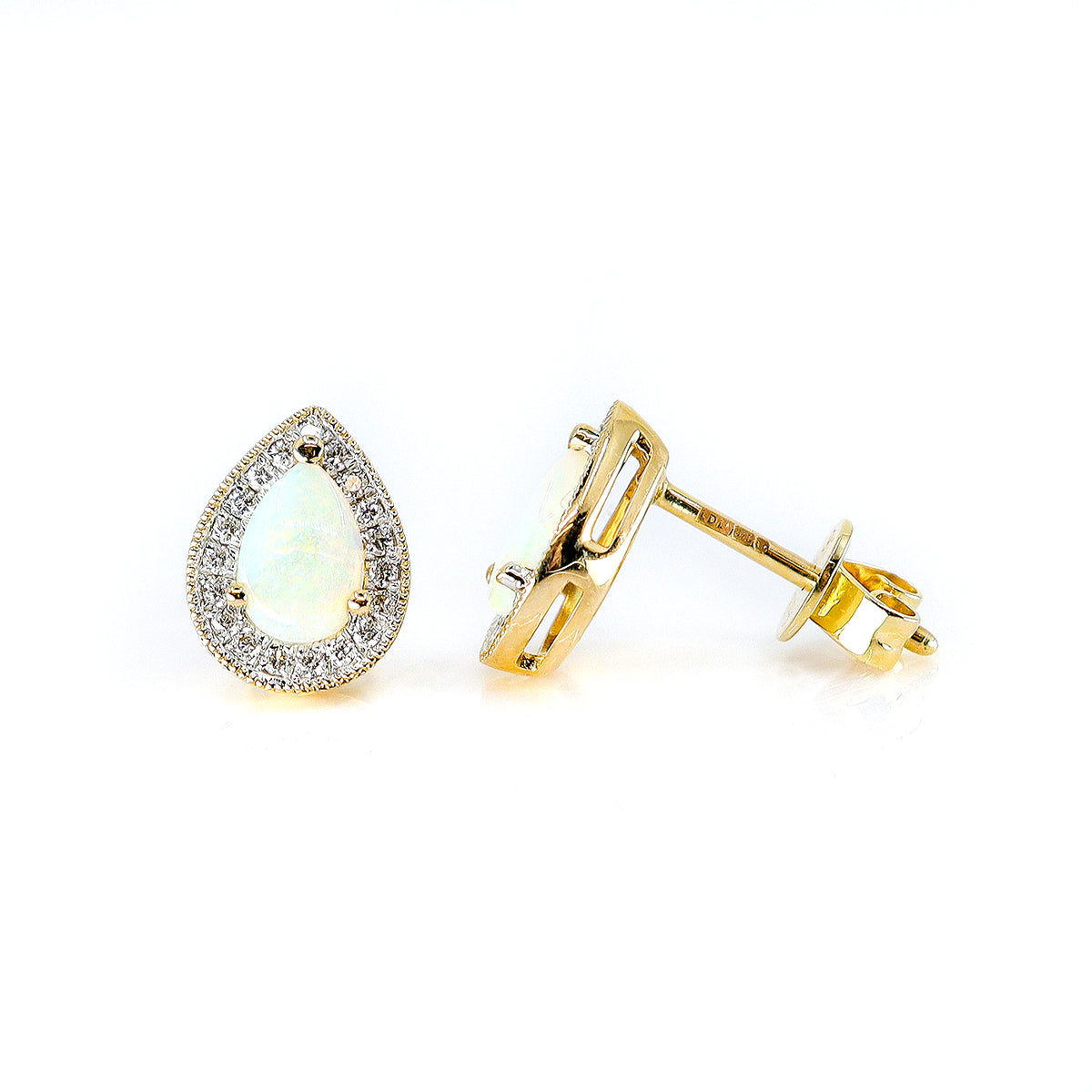 9ct Yellow Gold Opal & 0.13ct Diamond Pear Shape Stud Earrings