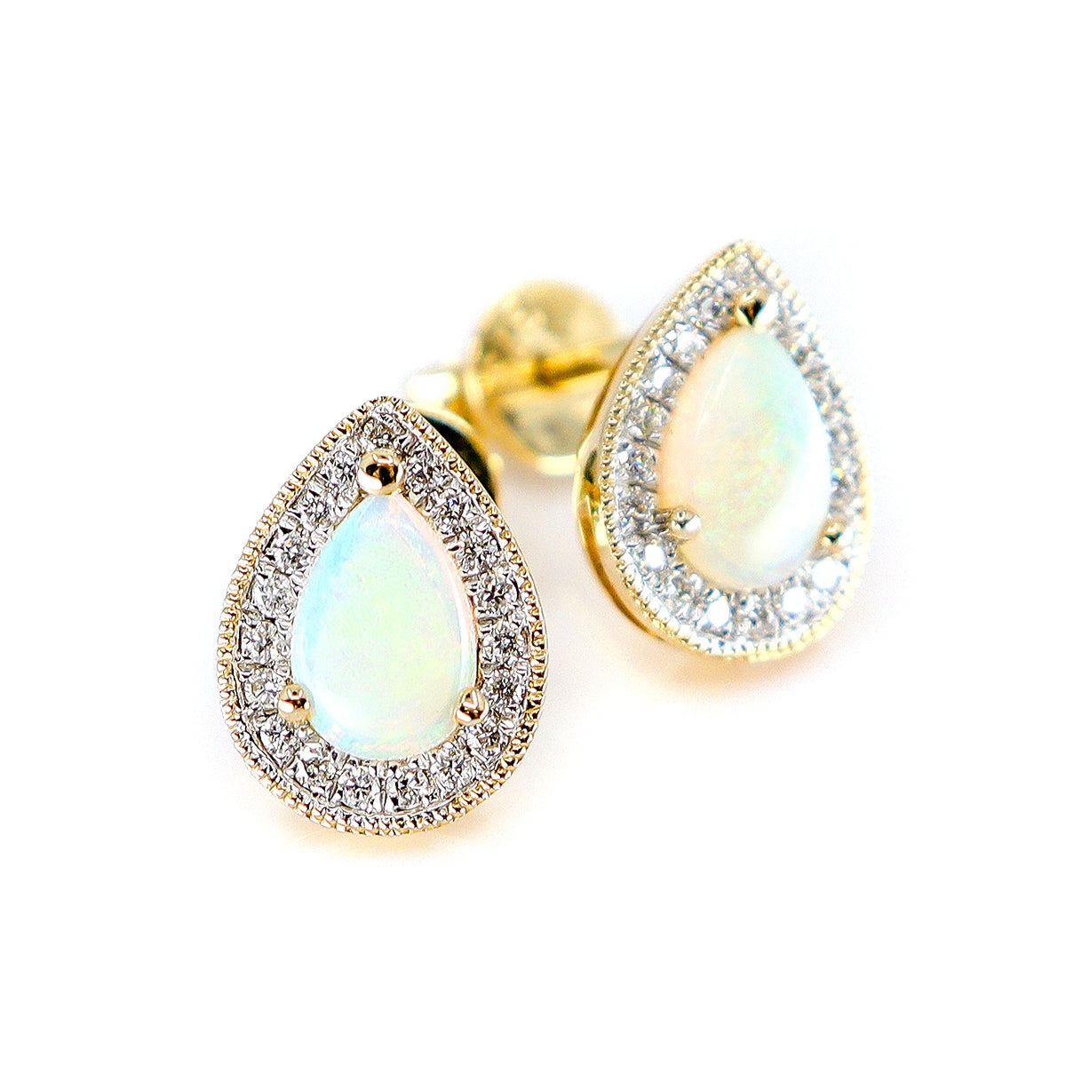 9ct Gold Opal & Diamond Pear Shape Stud Earrings