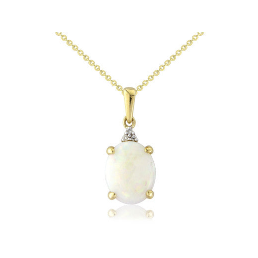 9ct Yellow Gold Diamond & Opal Oval Pendant Necklace