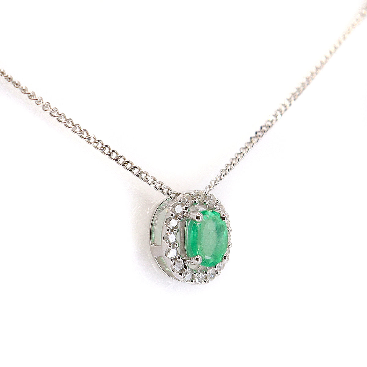 9ct White Gold Emerald & Diamond Pendant & Chain