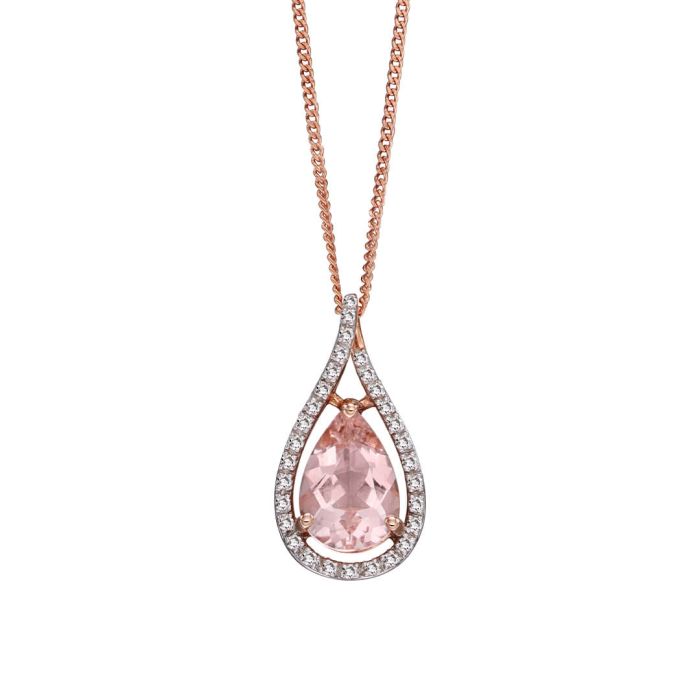 9ct Rose Gold Morganite & Diamond Pendant & Chain