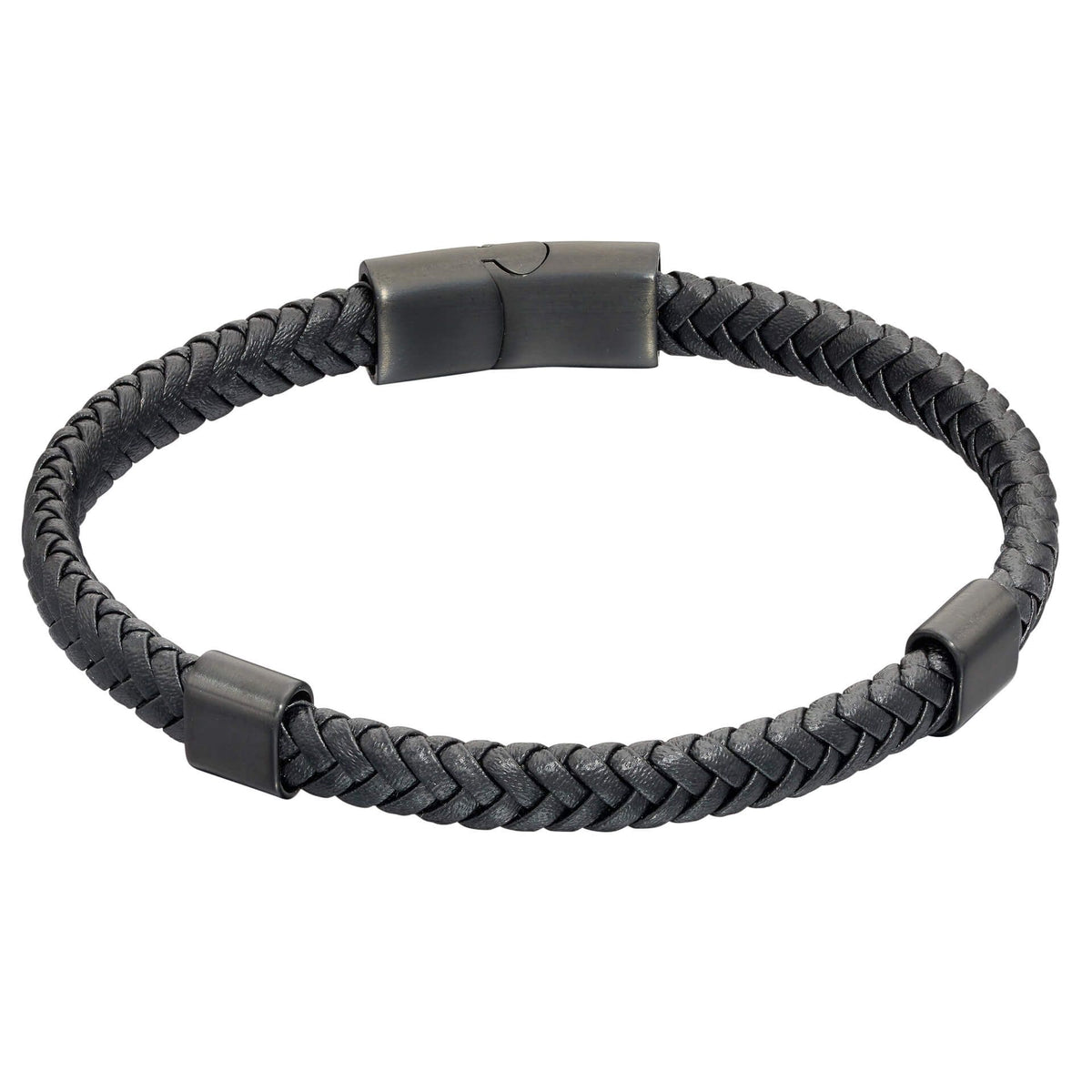 Fred Bennett Black Leather and Black IP Sections Bracelet