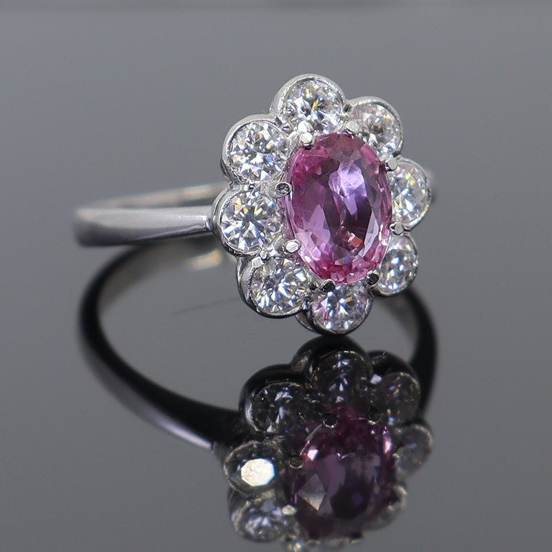 Pre-Owned Platinum Pink Sapphire and Diamond Cluster Ring