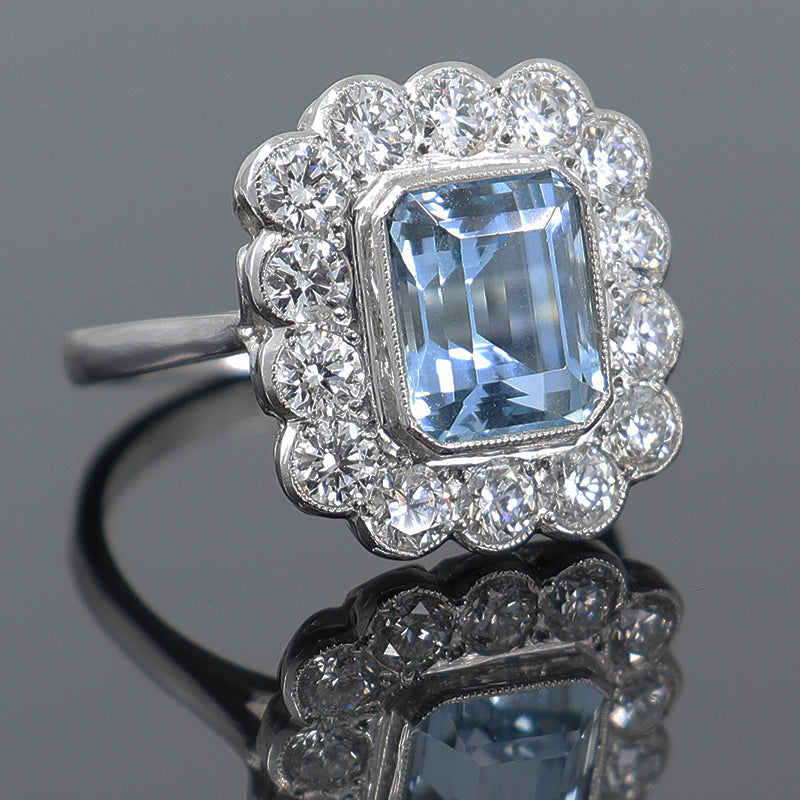 Pre-Owned Platinum Aquamarine & Diamond Cluster Ring