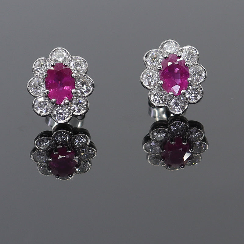 Pre-Owned 18ct White Gold Ruby & Diamond Cluster Stud Earrings